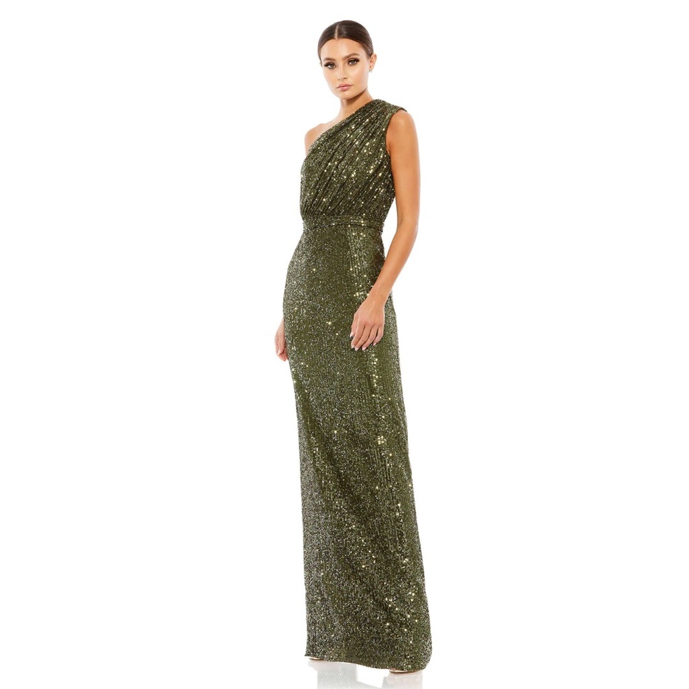 Mac Duggal Sequined Ruched One Shoulder Gown Olive Green 2- NwT